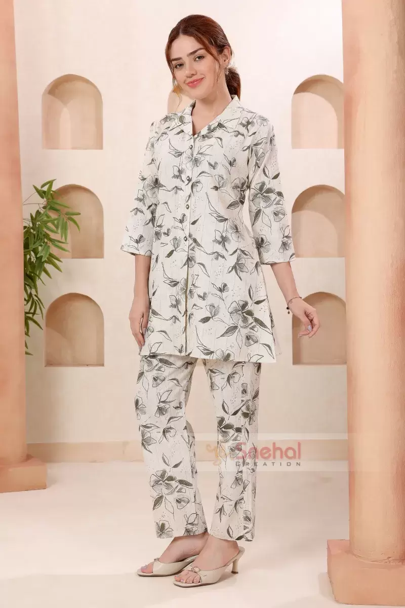 Designer Co Ord Set Green Leafy Print Shirt Collar  , 100% Pure Cotton